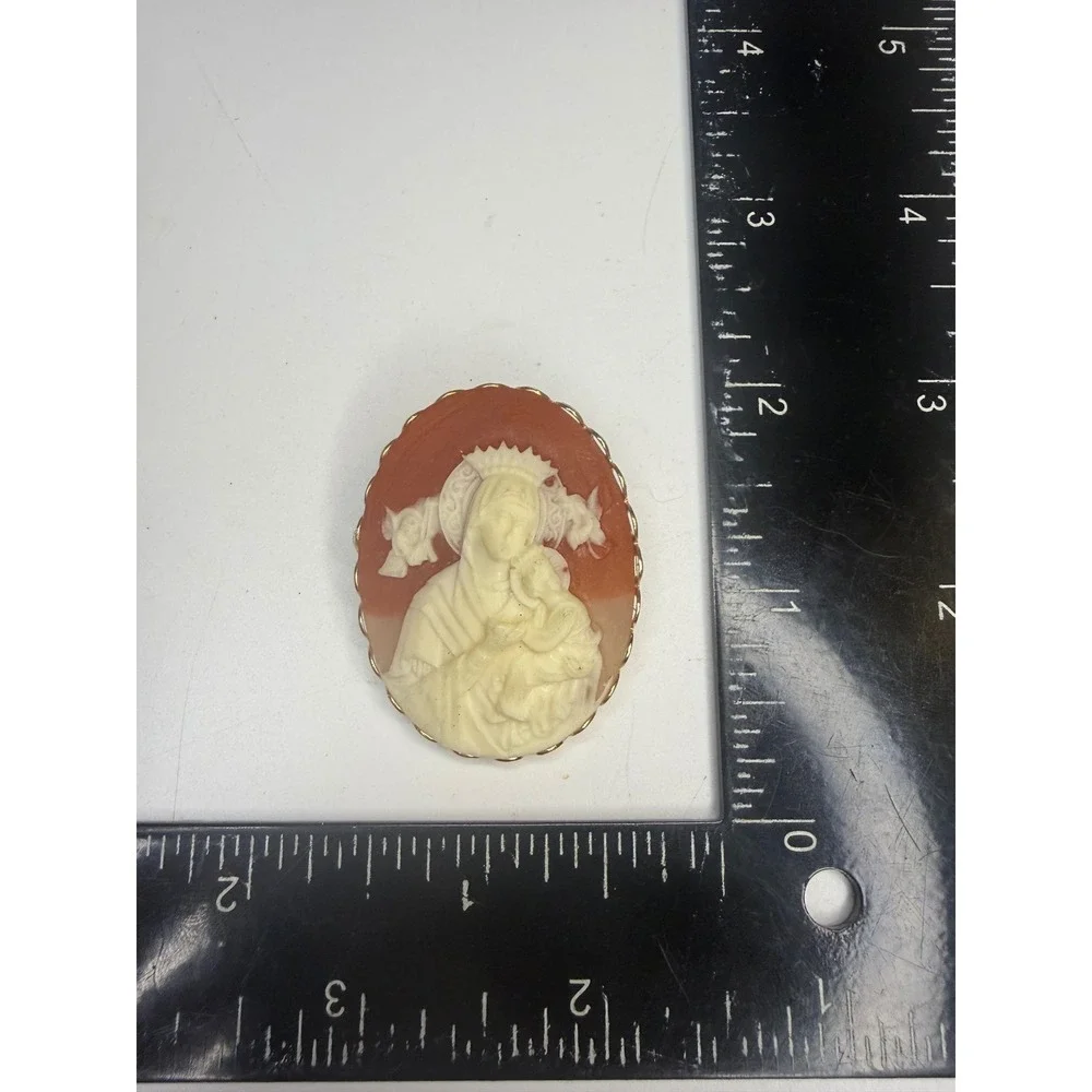 Vintage Madonna and Child Cameo Brooch Gold Tone Religious Virgin Mary Pin 2in